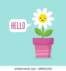 Cute cartoon happy flower with speech bubble saying Hello. Adorable smiling daisy flower in simple modern flat style. Vector illustration.