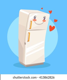 Cute cartoon happy fridge. Vector flat illustration