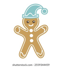 Cute cartoon happy gingerbread cookie boy in the cap in flat style. Merry Christmas decoration. 