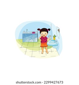Cute cartoon happy girl brush teeth in bath room cartoon isolated on white background vector illusrtation