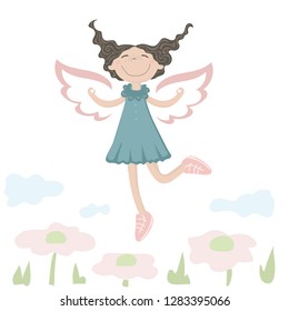 Cute cartoon happy girl. Funny smiling angel or fairy. 