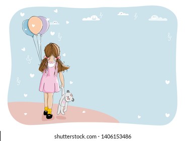 Cute cartoon happy girl holding birthday balloons and Teddy bear, Vector illustration Rear view of toddler girl gesturing with colourful balloons with copy space for text or messages.