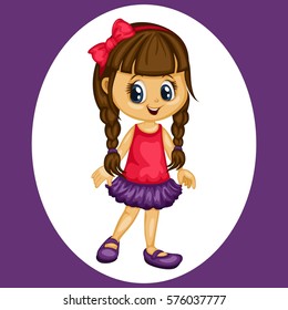 Cute Cartoon Happy Girl Illustration Wearing a Fancy Pink Dress