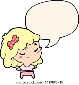 cute cartoon happy girl with speech bubble in comic book style