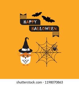 Cute cartoon Happy Halloween banner, spider web and flying bats with masked owl and hat icons greeting card on orange background