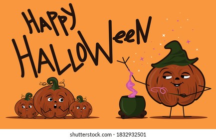 Cute cartoon happy halloween design template with two little girls in witch costumes in front of witch cauldron. Vector illustration