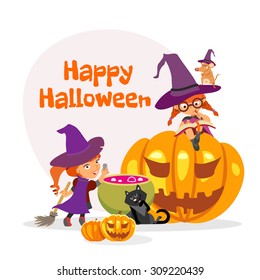 Cute cartoon happy halloween design template with two little girls in witch costumes in front of witch cauldron. Vector illustration