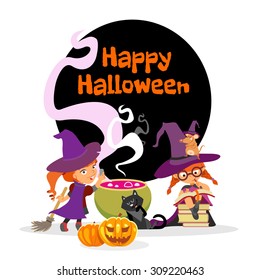 Cute cartoon happy halloween design template with two little girls in witch costumes in front of witch cauldron. Vector illustration