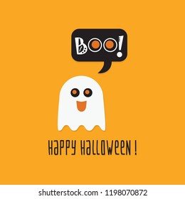 Cute cartoon Happy Halloween greeting card with ghost and boo speech bubble on orange background