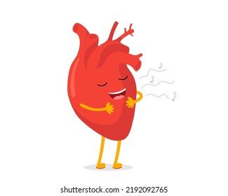 Cute Cartoon Happy Healthy Human Heart Character Good Mood. Vector Circulatory Organ Mascot Sings Song. Healthcare And Treatment Symbol Eps Illustration