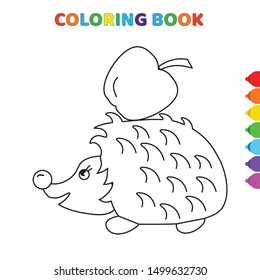 cute cartoon happy hedgehog taking apple in a shovel coloring book for kids. black and white vector illustration for coloring book. happy hedgehog taking apple in a shovel concept hand drawn