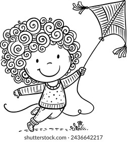 Cute cartoon happy kid playing with flying kite. Outline vector illustration. Coloring book page for children