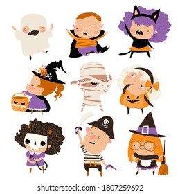 Cute cartoon happy kids in Halloween costumes