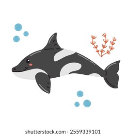 Cute cartoon happy killer whale in flat style. Cheerful wild sea animal isolated on white background. 