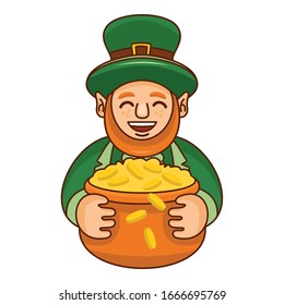 Dibujo alegre Leprechaun sosteniendo una olla de oro, vector