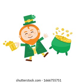 Cute cartoon happy Leprechaun holding beer and jumping, Vector