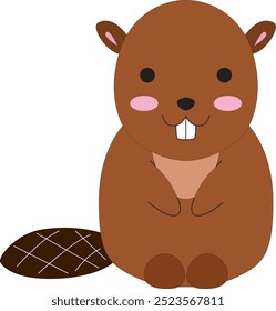 cute cartoon happy little brown beaver with tail, stock vector, white background