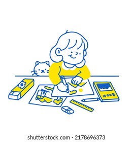 Cute Cartoon Happy Little Girl Drawing.Vector illustration isolated on background.