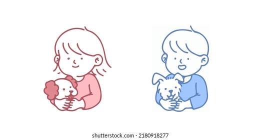 Cute Cartoon Happy Little Kids And Dog. Vector illustration isolated on background.
