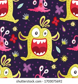 Cute cartoon happy monster vector seamless pattern in a flat style. Funny kid alien character background. Mutant beast animal comic wallpaper on a dark background.