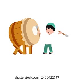 Cute cartoon Happy muslim boy hitting drum and celebrating Eid mubarak. Vector illustration isolated on white background. 