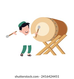 Cute cartoon Happy muslim boy hitting drum and celebrating Eid mubarak. Vector illustration isolated on white background. 
