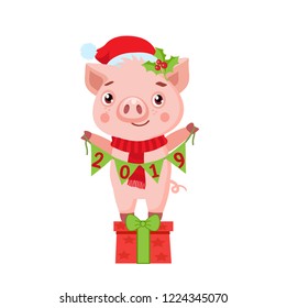 Cute cartoon happy pig in santa hat on white background. Cute funny New Year cartoon character. Little pig holding garland with text 2019 vector illustration. Chinese New Year, holiday symbol.