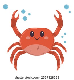 Cute cartoon happy red sea crab in flat style isolated on white background. Cheerful wild ocean animal.