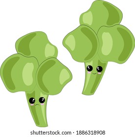 Cute cartoon happy and sad Broccoli in color. It can be used for icons, web, postcards, decor, packaging, prints for things, covers for notebooks, decoration of boxes for toys, sticker, backpack