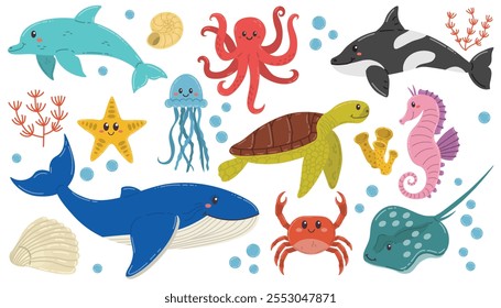 Cute cartoon happy sea animals in flat style. Ocean fauna collection isolated on white background. Whales and turtle, seahorse and shells, octopus and crab.