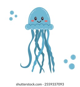 Cute cartoon happy sea jellyfish  in flat kids style. Funny wild ocean animal isolated on white background.