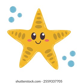 Cute cartoon happy sea star in flat style. Funny wild ocean animal isolated on white background.