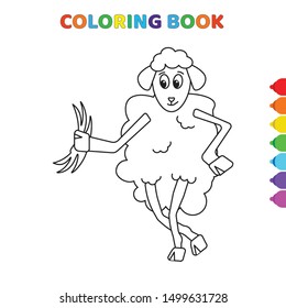 cute cartoon happy sheep eating grass coloring book for kids. black and white vector illustration for coloring book. happy sheep eating grass concept hand drawn illustration
