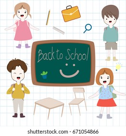 Cute cartoon happy smile student kids character and pretty school elements with green backboard,back to school by hand draw doodle comic style, set vector graphic design illustration