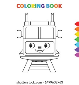 cute cartoon happy smiling train on rail ways coloring book for kids. black and white vector illustration for coloring book. happy smiling train on rail ways concept hand drawn illustration