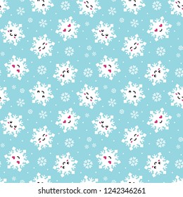 Cute cartoon happy snowflakes emoji seamless pattern background for christmas and winter design.