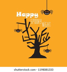 Cute cartoon Happy Spooky Night greeting card with a bare tree and hanging spiders icons on orange background