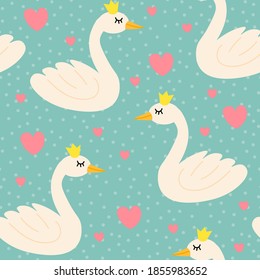 Cute cartoon happy swan with crown in flat style with hearts and dots seamless pattern. Romantic birds background. Vector illustration. 