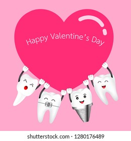 Cute cartoon happy tooth take red heart. Valentine's day concept. Illustration on pink background.