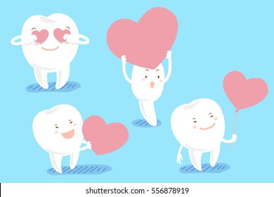 cute cartoon happy tooth take red heart