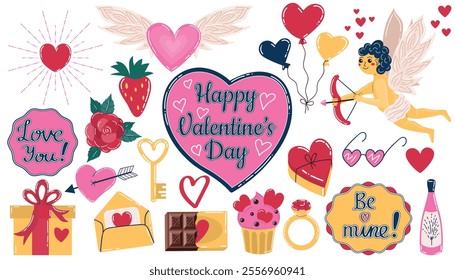 Cute cartoon Happy Valentine's Day 
design elements collection in flat style. Set of symbols of holiday and love. 