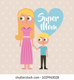 cute cartoon happy woman and little girl super mom card heart