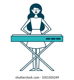cute cartoon happy woman playing synthesizer