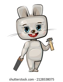 Cute cartoon Hare the carpentry with a saw and a hammer. Flat style. Helps dad. Picture for children. Funny kid animal. Isolated on white background. Vector.