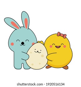 Cute cartoon hare and chick girl characters are holding an Easter egg. Funny illustration in cartoon style. Vector isolated on white.