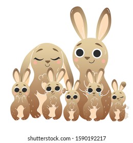 Cute cartoon hare family vector image. Male and female brown hares with their leverets. Happy bunnies. Forest animals for kids. Isolated on white background