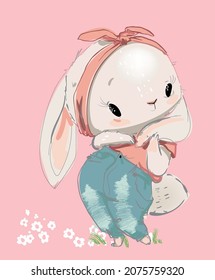 cute cartoon hare girl character with pink bow