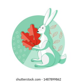 Cute cartoon hare holding fallen autumn oak leaves in paws - vector illustration in paper art style