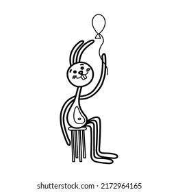 Cute cartoon hare line art. Animal rabbit. Eared bunny character sits on a chair with a balloon in his paw. Hand drawn vector doodle illustration. Black and white isolated element.