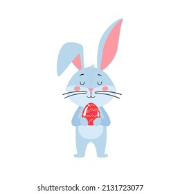 Cute cartoon hare or rabbit. A Bunny is holding an Easter egg. Printing for children's T-shirts, greeting cards, posters. Hand-drawn vector stock illustration isolated on a white background